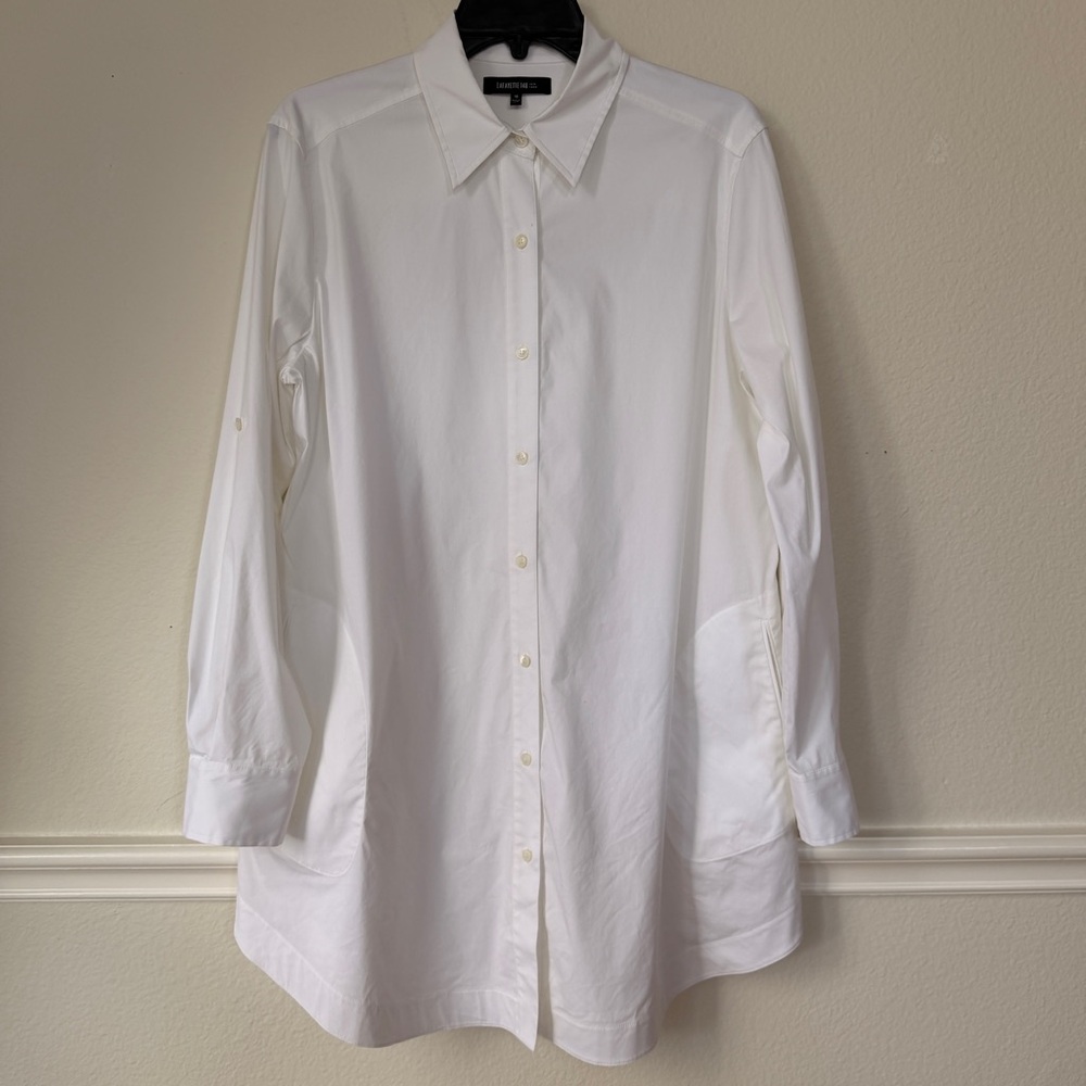 Lafayette 148 White Shirt Dress SZ 10 Crisp Cotton Stretch Quiet Luxury Minimal